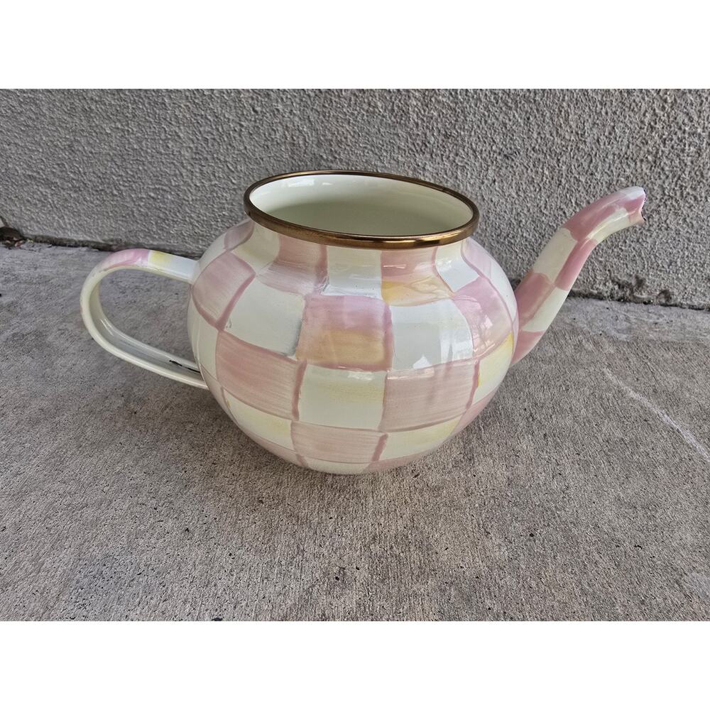 MACKENZIE-CHILDS Enamel Teapot, Cute Small Teapot NO Lid, 4-Cup, PINK CHECK - Picture 4 of 6